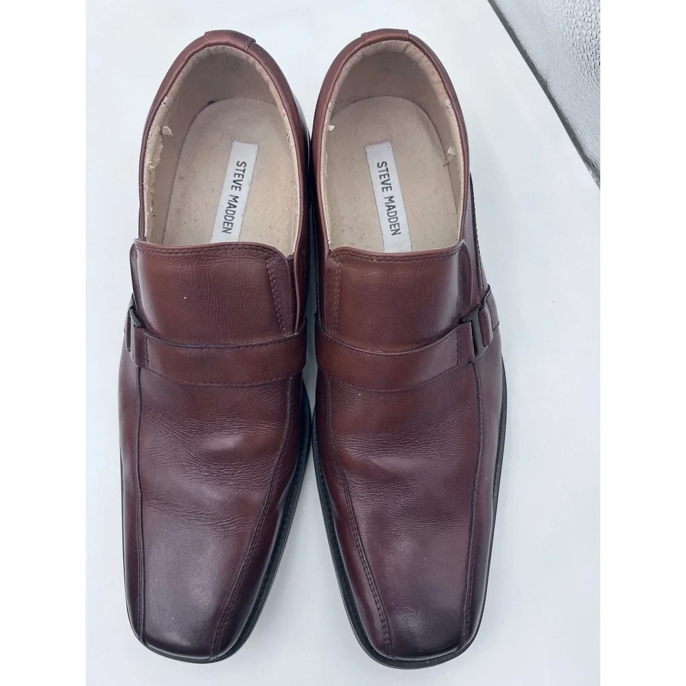 Steve Madden Mens H-Draugh Brown Leather Slip On Square Toe Dress Loafers Shoes